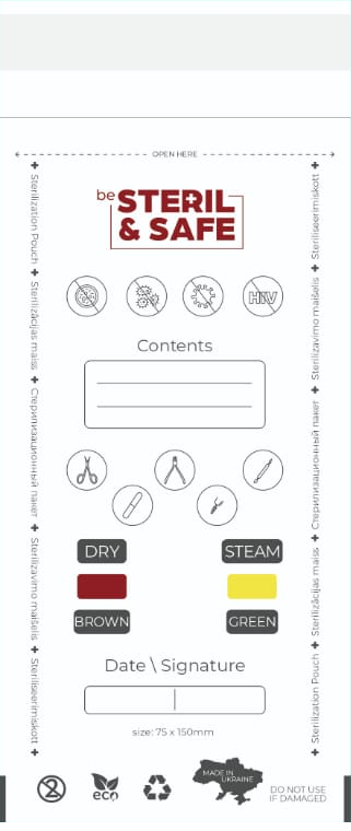 be STERIL&SAFE Karstā gaisa & Autoklāva kombinētie sterilizācijas maisiņi 75x150mm PKW ar indikatoru Balti 100gab.