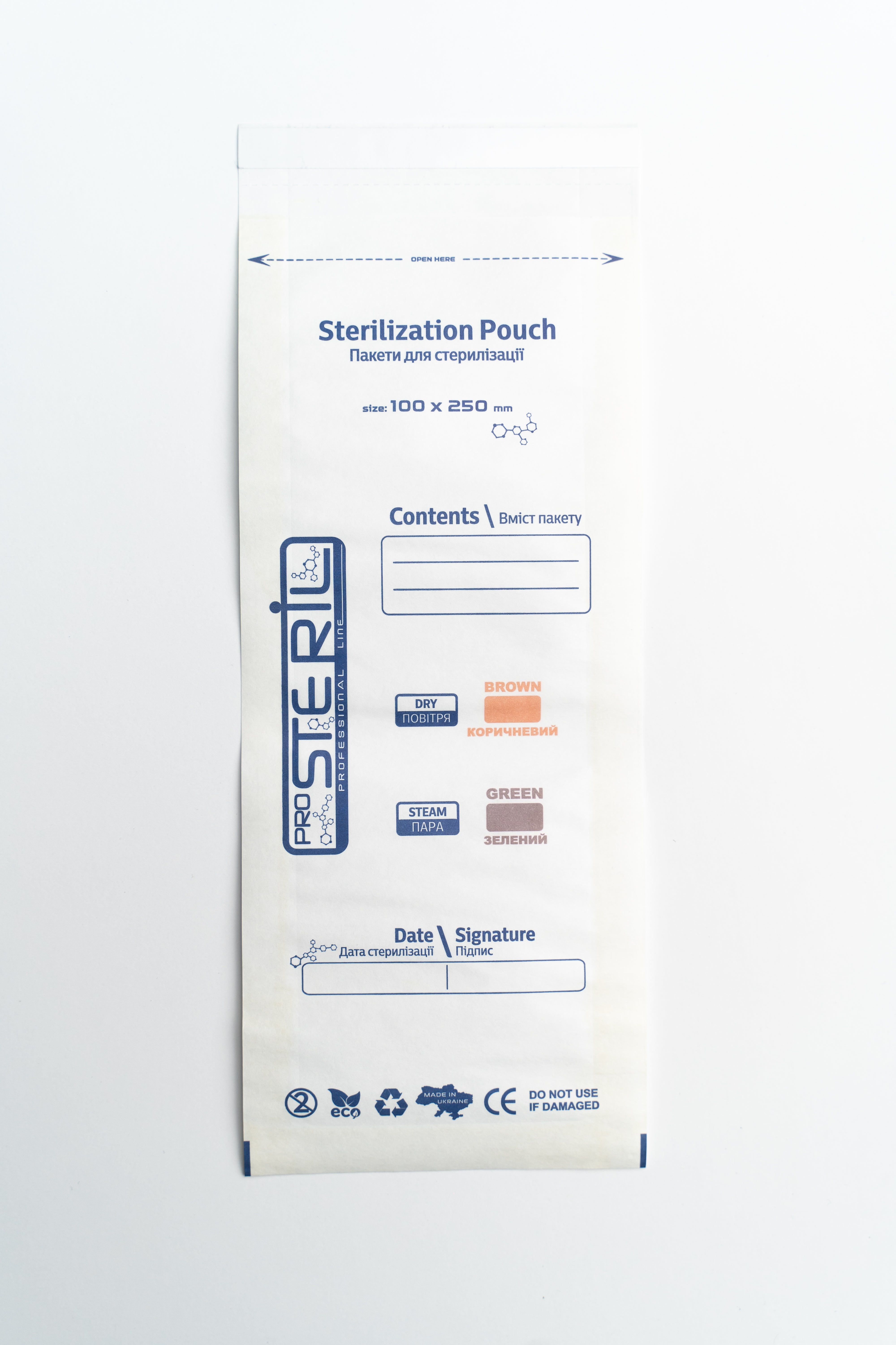 ProSteril Dry & Autoclave (Steam) Sterilization Bags 100x250mm with Indicator White 100pcs.