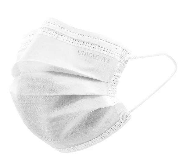 UNIGLOVES Medicīniskā sejas maska ar gumiju PROFIL PLUS WHITE 3-slāņi, 50 gab.